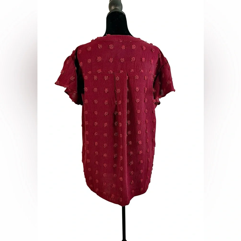 B. Burgundy Fuzzy Dot V-Neck Shirt XL Boho Flutter Sleeve Blouse Size M - Picture 2 of 7